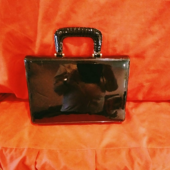 Black Faux Patent Leather Top Handle Vintage Briefcase Style Bag - Picture 6 of 11